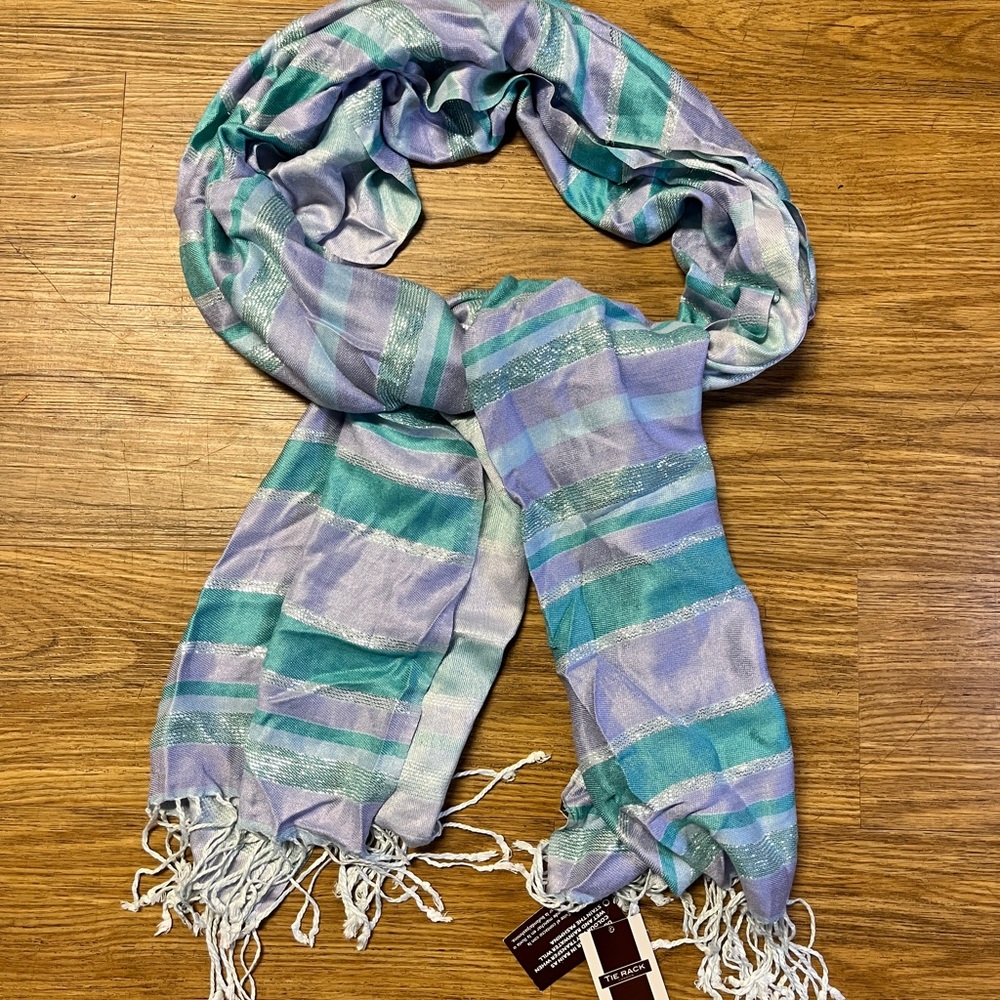 Women’s Tie Rack London Striped Fringe Shimmer Scarf Spring Colors Lightweight